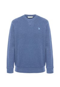 Felpa blu con scollo rotondo realizzata in tessuto strutturato, con maniche lunghe e un piccolo logo azzurro nella zona sinistra del petto.