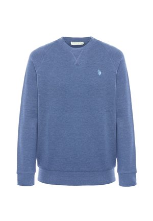 Felpa blu con scollo rotondo realizzata in tessuto strutturato, con maniche lunghe e un piccolo logo azzurro nella zona sinistra del petto.