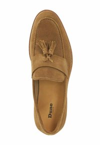 Brown suede loafers with a decorative tassel, flat sole, rounded toe, and stitched detailing on the upper. Interior features the brand name.