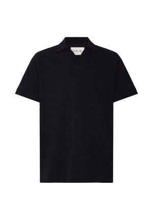 Polo noir à manches courtes avec col et petit logo brodé sur le côté gauche de la poitrine, taille large.