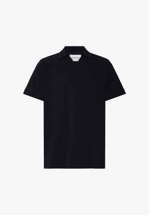 Polo noir à manches courtes avec col et petit logo brodé sur le côté gauche de la poitrine, taille large.