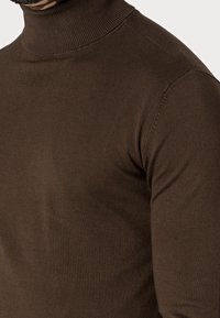 Maglione marrone a collo alto con texture a costine, design aderente e maniche lunghe, caratterizzato da un collo alto e una finitura liscia.