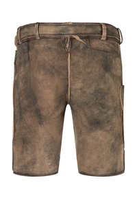 Brown leather shorts with a smooth texture, featuring a belt line, side pockets, and contrast stitching along the seams.