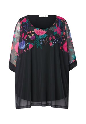 Black sheer blouse with a rounded neckline, featuring colorful floral patterns in pink, blue, and green across the front and sleeves.