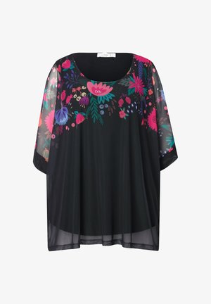 Sort gennemsigtig bluse med rund halsudskæring, der har farverige blomster mønstre i pink, blå og grøn over forsiden og ærmerne.