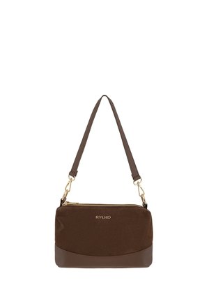 Brązowa torba na ramię ze złotym zamkiem błyskawicznym i odpinanym paskiem, oznaczona na przodzie złotymi literami "RYŁKO".