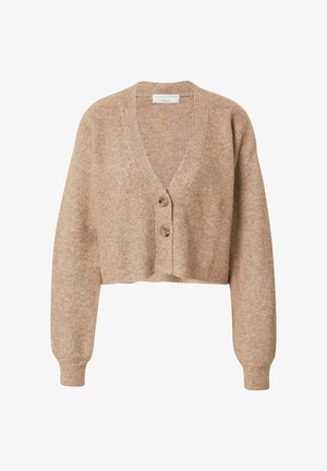 Beige zkrácený kardigan s dlouhými rukávy, žebrovanou pleteninou, hlubokým V výstřihem a dvěma velkými předními knoflíky.