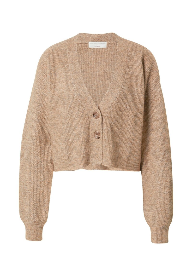 Beżowy krótki kardigan z długimi rękawami, tekstura ściągacza, głęboki dekolt w kształcie V oraz dwa duże guziki z przodu.