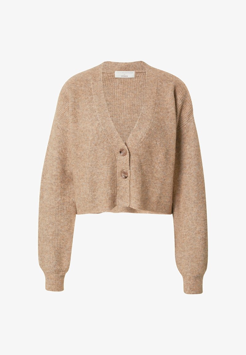 Beżowy krótki kardigan z długimi rękawami, tekstura ściągacza, głęboki dekolt w kształcie V oraz dwa duże guziki z przodu.