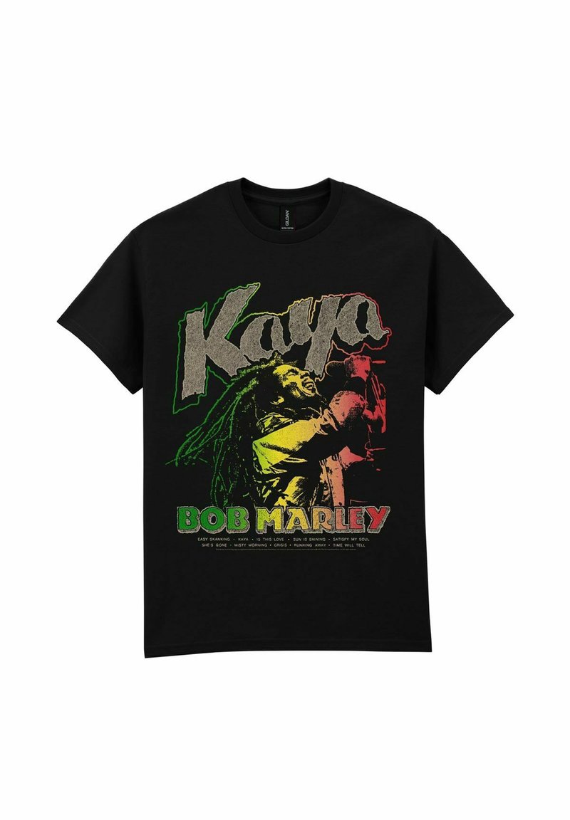 Černé tričko s barevným grafikou Boba Marleyho a textem "Kaya" spolu s názvy písní v červené, zelené a zlaté barvě. Materiál: bavlna, kulatý výstřih.