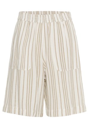 Shorts légers à rayures beiges et blanches avec une taille élastique, deux poches avant et une coupe décontractée. Tissu texturé.