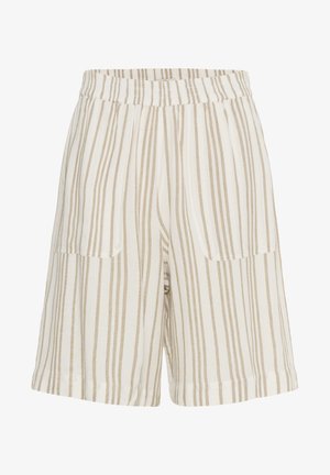 Shorts légers à rayures beiges et blanches avec une taille élastique, deux poches avant et une coupe décontractée. Tissu texturé.