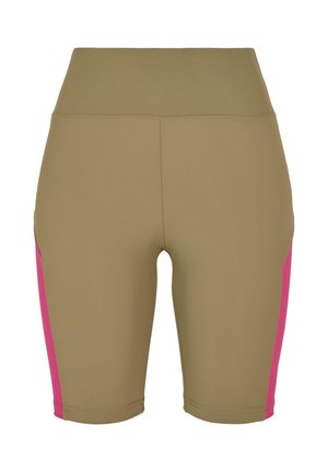 Vysoký pás šortiek v olivovozelenej farbe s ružovými bočnými panelmi. Priliehavý strih s hladkou textúrou a švami, vhodný na športové oblečenie.