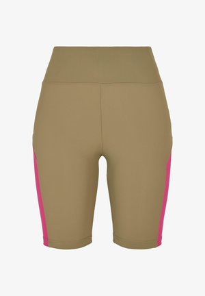 Højtaljede shorts i olivengrønt materiale med lyserøde sidepaneler. Tæt pasform med glat tekstur og sømme, velegnet til træningstøj.