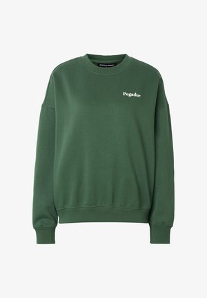 Hanorac verde închis cu guler rotund, manșete și tiv nervurate, având un mic logo alb „Pegador” pe partea stângă a pieptului.