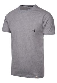 Graues Baumwoll-T-Shirt mit kurzen Ärmeln, Rundhalsausschnitt und einem kleinen schwarzen Blitz-Emblem auf der Brust. Einfaches Design, keine Muster.