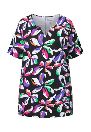Zwart kort mouwtopje met multicolor abstracte bloemenprints in wit, paars, groen, roze en oranje, voorzien van een kleine V-hals.