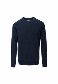 Maglione lavorato a maglia blu navy con collo rotondo, maniche lunghe, polsini a costine e un motivo testurizzato su tutta la superficie.