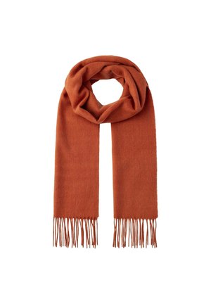 Brown wool scarf with a soft texture, featuring fringed ends and a simple, wrapped design, suitable for winter wear.