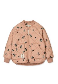 Quilted bomber jacket in soft pink with black floral print. Features ribbed cuffs, front zip closure, and a logo tag on the front.