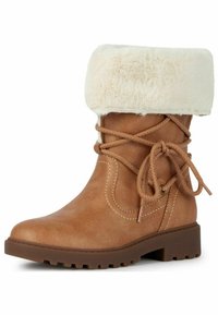 Bottines en cuir synthétique tan avec un revers en fausse fourrure blanche, des lacets décoratifs et une semelle en caoutchouc texturée avec un léger talon et des coutures contrastantes.