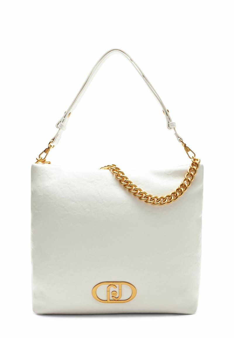 Valge tekstuuriga nahast käekott, millel on kuldne kettaktsent, logoga detail ja eemaldatav õlarihm.