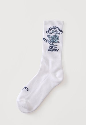 Biała skarpeta z prążkowanym górnym ściągaczem z niebieską grafiką pralki i tekstem "Carhartt WIP Dirty Laundry."