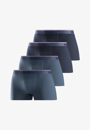 Vier Paare Herrenboxershorts in Dunkelblau- und Hellblautönen. Sie zeichnen sich durch einen weichen Stoff, einen elastischen Bund mit dem "Bench."-Logo und kontrastierenden Streifen aus.