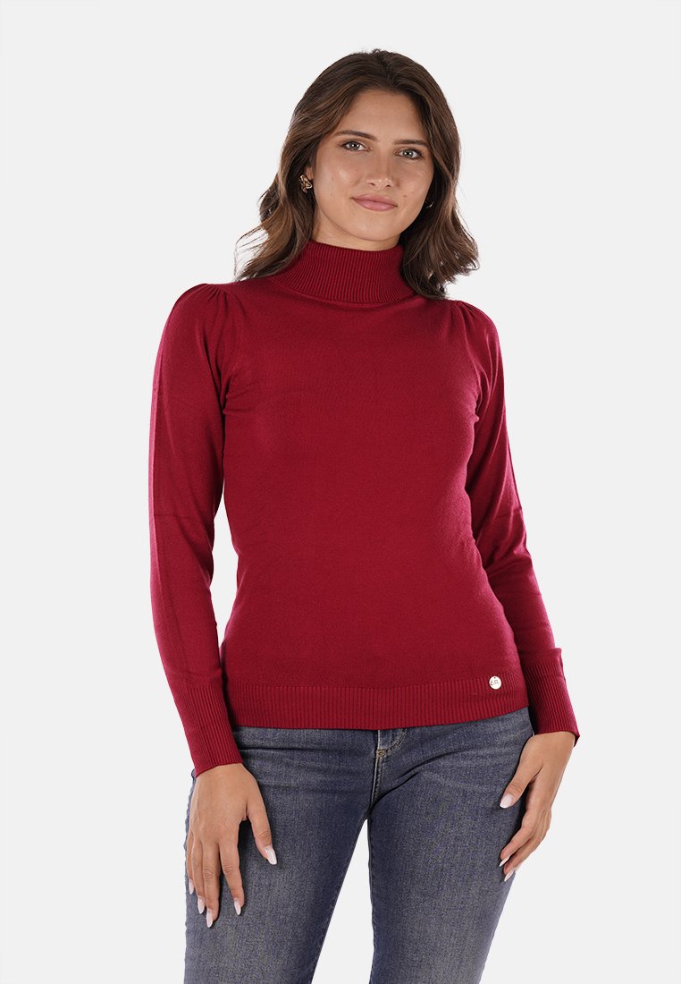 Maglione a collo alto rosso realizzato in materiale morbido, con maniche lunghe, colletto e orlo a costine, impreziosito da un sottile marchio sul fondo.