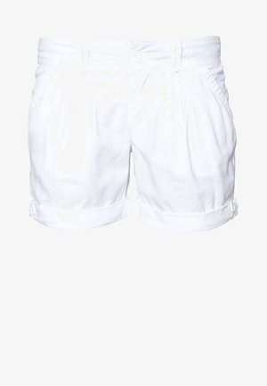 Bílé lněné šortky s uvolněným střihem, řaseným předním dílem a ohrnutými lemy. Mají dvě boční kapsy a zapínání na knoflík v pase.