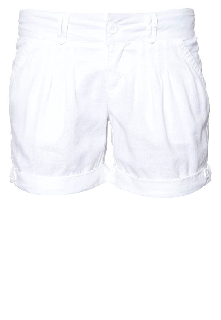 Valkoiset pellavashortsit, rento istuvuus, laskokset edessä ja käännetyt lahkeet. Varustettu kahdella sivutaskulla ja napillalla suljettavalla vyötäröllä.