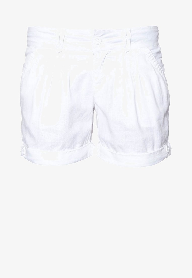 Pantalones cortos de lino blanco con un ajuste relajado, frente plisado y dobladillos enrollados. Cuenta con dos bolsillos laterales y cierre de botón en la cintura.