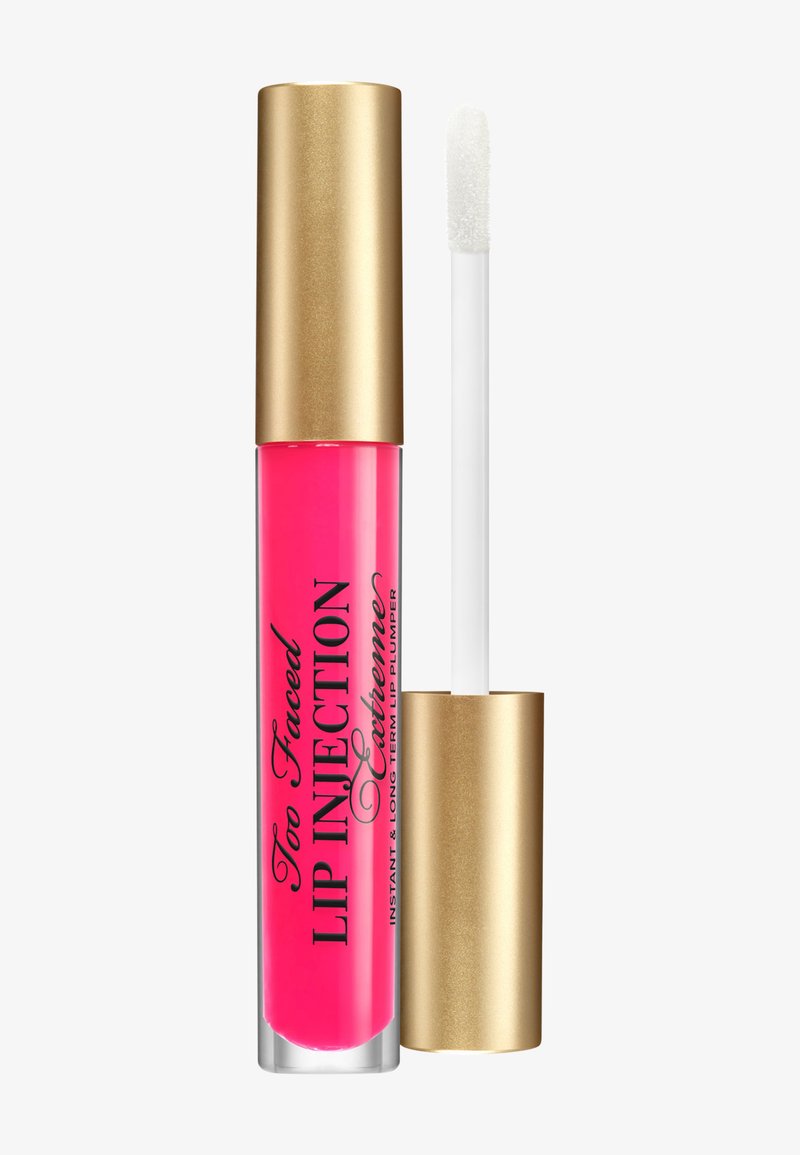 Leuchtend pinker Lipgloss mit goldfarbenem Verschluss und Applikator, beschriftet mit "Too Faced Lip Injection Extreme" für sofortige und langanhaltende Lippenaufspritzung.
