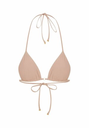 Nagi trójkątny stanik bikini wykonany z gładkiego materiału. Posiada cienkie sznurki do regulacji oraz złote akcenty metalowe na środku.