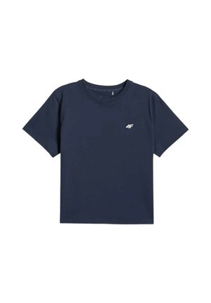 Granatowy T-shirt z krótkim rękawem, okrągłym dekoltem i małym białym logo "4F" na lewej piersi na białym tle.