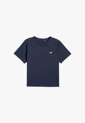 Granatowy T-shirt z krótkim rękawem, okrągłym dekoltem i małym białym logo "4F" na lewej piersi na białym tle.