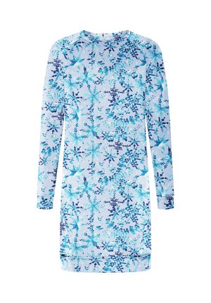 Vestido de manga larga en tela de jersey azul claro con un patrón floral en tonos de azul y verde azulado, con un escote redondeado y puños.