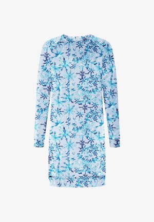 Langsleeve jurk van lichtblauwe jersey stof met een bloemenpatroon in tinten blauw en teal, met een ronde halslijn en manchetten.