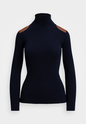 Navy ribbed turtleneck sweater with long sleeves and brown leather shoulder accents, fitted design, smooth texture, and no pattern.