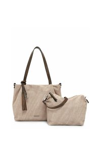 Sac fourre-tout en tissu beige avec une sangle en cuir marron et un détail de pompon, accompagné d'un petit sac assorti avec une sangle marron.