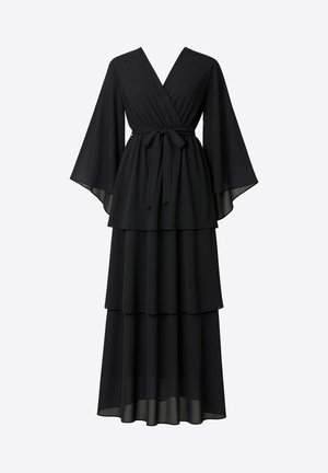 Schwarzes, geschichtetes Kleid mit fließendem, transparentem Stoff. Es verfügt über ein Wickeldesign, V-Ausschnitt, lange Glockenärmel und einen gebundenen Taillengürtel für eine verstellbare Passform.