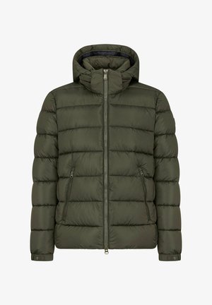 Chaqueta acolchada verde oliva con capucha, cremallera frontal, dos bolsillos con cremallera y puños ajustables con broches.