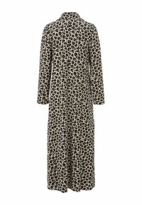 Lång lädertoffla med leopardmönster och krage, gjord av mjukt material, har svarta och bruna fläckar på en beige bakgrund. Heltäckande med långa ärmar.