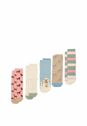 Five pairs of knee-high socks with various patterns: brown dachshunds on pink, colorful dots on cream, dog face on blue stripes, black-and-white dalmatians on beige, and pastel stripes.