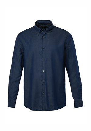 Camicia a maniche lunghe blu navy in denim con colletto a bottoni, bottoni anteriori e vestibilità rilassata. Presenta una trama semplice.