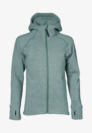 Grön fleecejacka med full dragkedja och huva. Funktioner inkluderar raglanärmar, tumhål och kontrasterande dragkedja. Mjuk textur genom hela jackan.