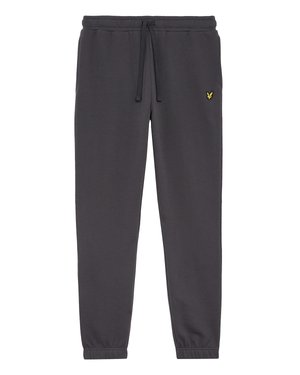 Donkergrijze sweatpants gemaakt van zacht materiaal, met een elastische tailleband met trekkoord, gesloten enkels en een klein geel logo op de linker dij.