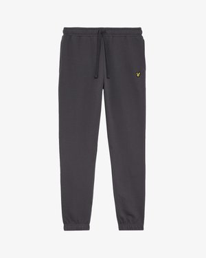 Dark gray sweatpants made of soft fabric, featuring an elastic waistband with drawstring, cuffed ankles, and a small yellow logo on the left thigh.