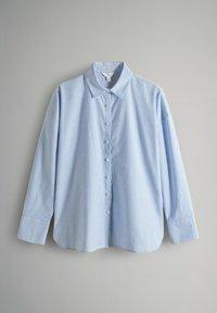 Camicia a righe blu chiaro e bianca con colletto classico, maniche lunghe e vestibilità rilassata. Tessuto morbido e orlo arrotondato.