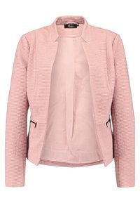 Veste rose pâle texturée avec col, devant ouvert et deux poches zippées. Dispose d'une doublure intérieure douce et d'un design côtelé.